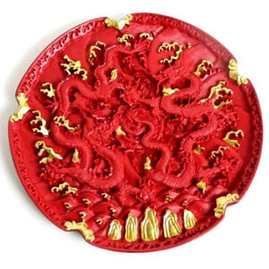 New Chinese Dragon’s Gold & Red Laca Cinabrio Decorative Plate Decor